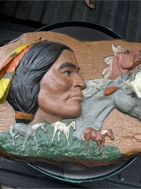 Hand-Painted Native American Profile Wall Sculpture in Multicolor